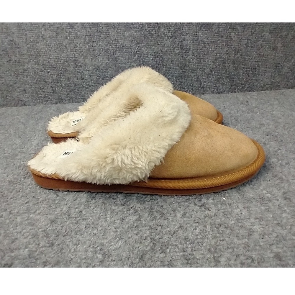 Minnetonka Scuff Slippers Women Size 9 Tan Leather Faux Fur Lined 40801